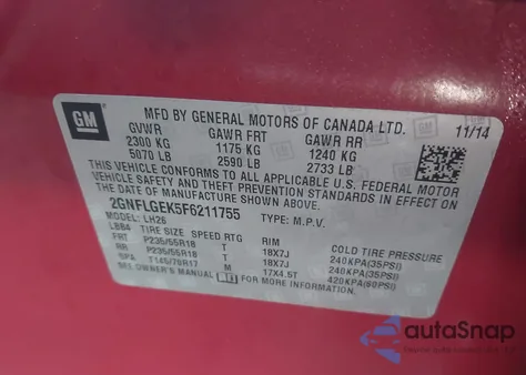 2015 Chevrolet Equinox 2Lt из США, поврежденный, VIN 2GNFLGEK5F6211755